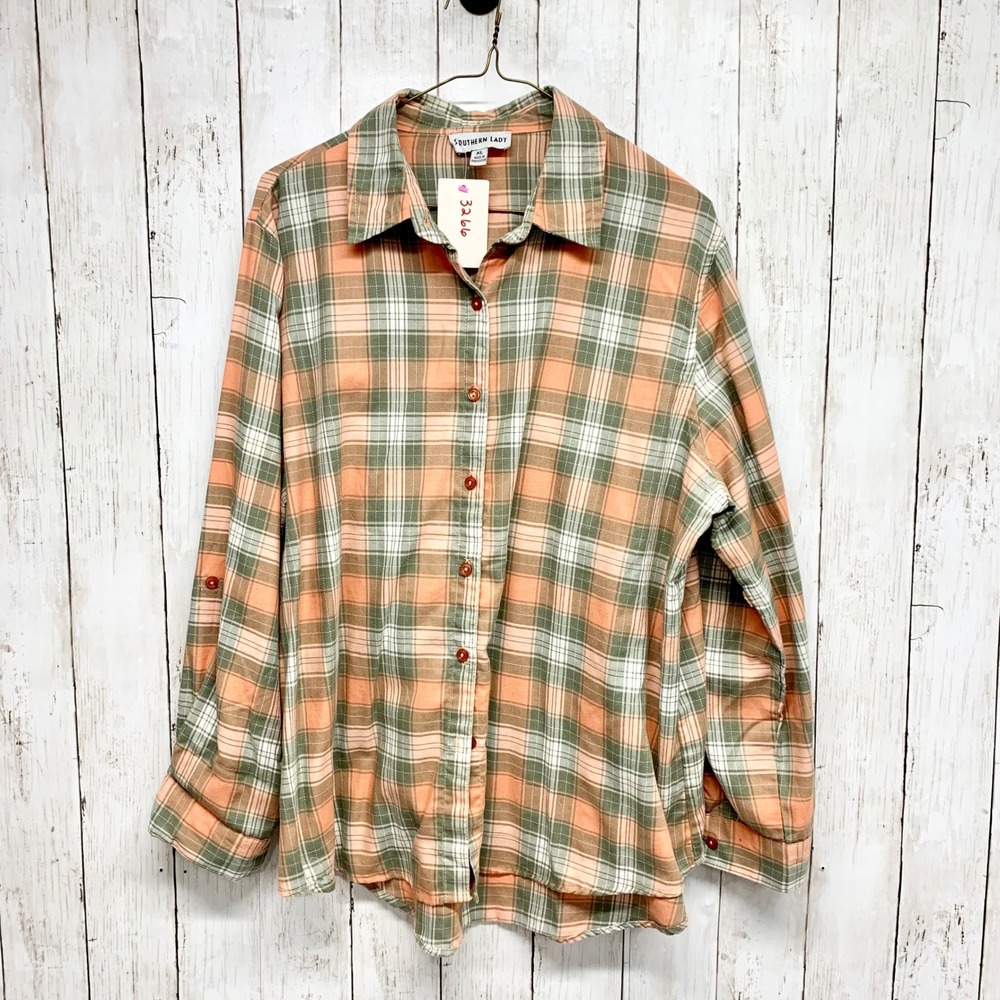 Southern Lady Plaid Button Down Womens Size XL Peach Green Roll Tab Sleeve Shirt